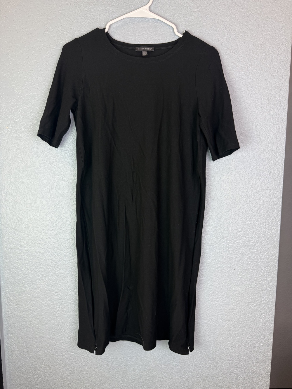 Eileen Fisher Dress Womens XXS Black Short Sleeve Side Zip Midi Minimalist USA